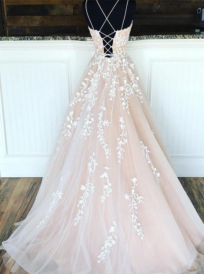 A-line Round Neck Tulle Lace Prom Dresses Formal Dresses