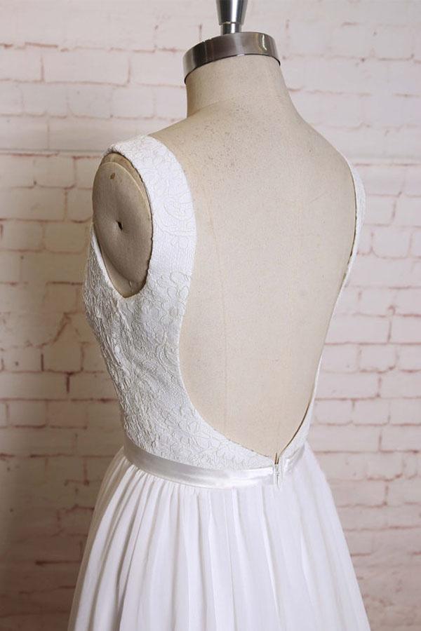 Noble A-line shoulder strap with chiffon patch flower dew back and ground length wedding dress