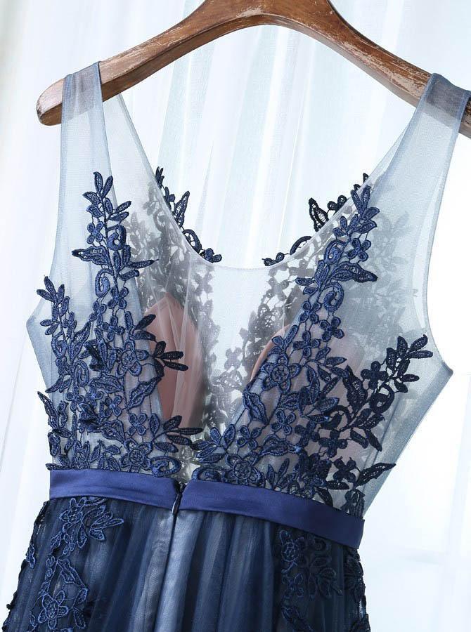 A-shaped V-neck and floor length navy blue sheer floral backless and floor length ball dress