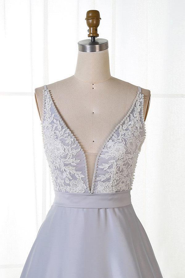 A-Line V-Neck Sweep Train Grey Satin Prom Dress with Appliques