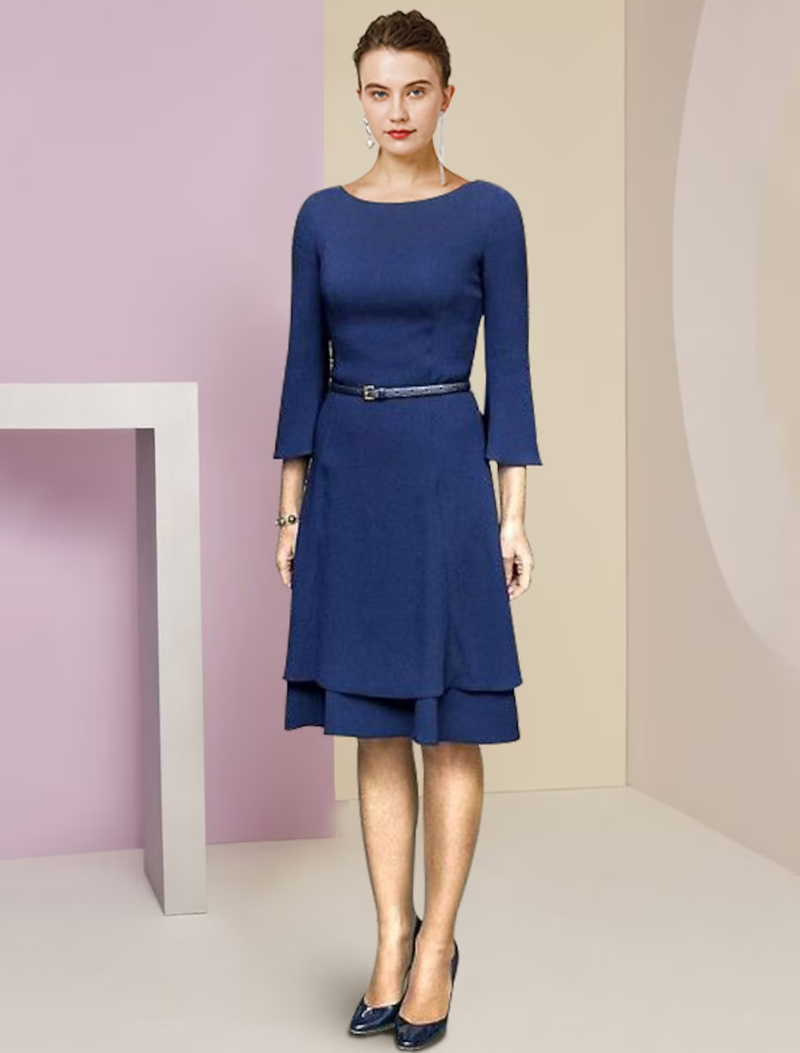 A-Line Mother of the Bride Dress Wedding Guest Party Elegant Scoop Neck Knee Length Stretch Fabric Sleeve with Cascading Ruffles