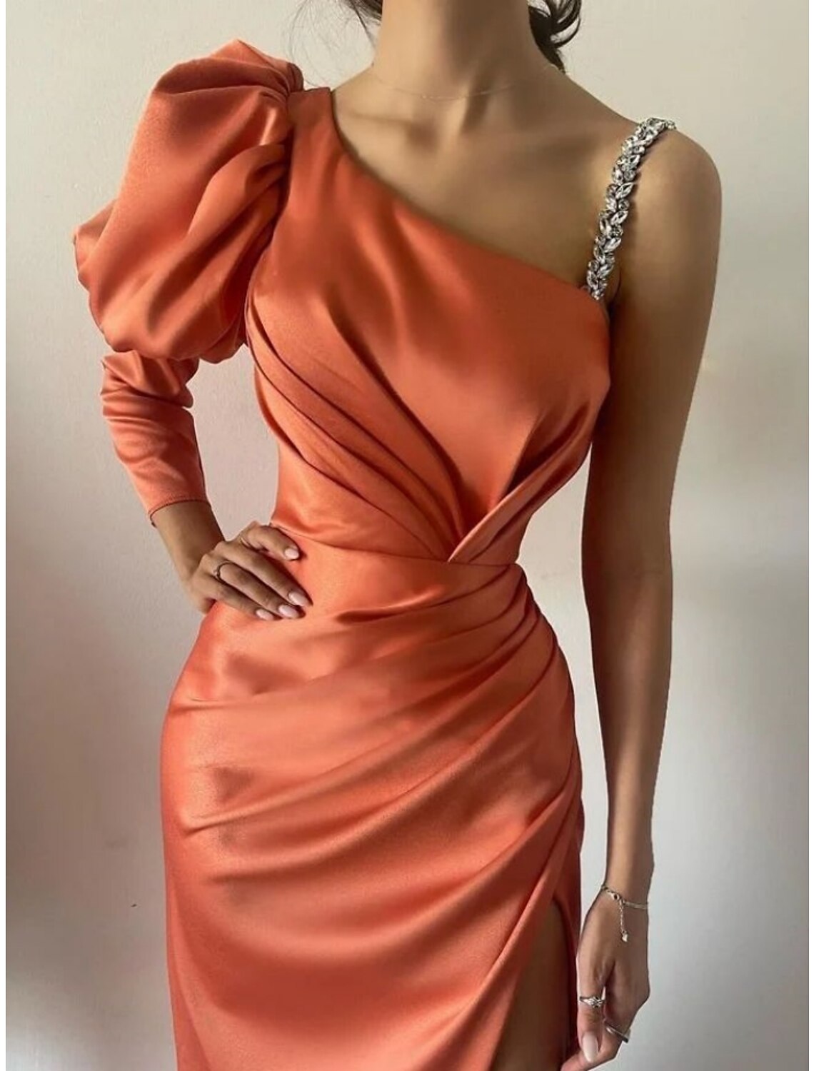 Sheath / Column Evening Gown Elegant Dress Formal Ankle Length Long Sleeve Boat Neck Satin with Ruched Crystals Slit
