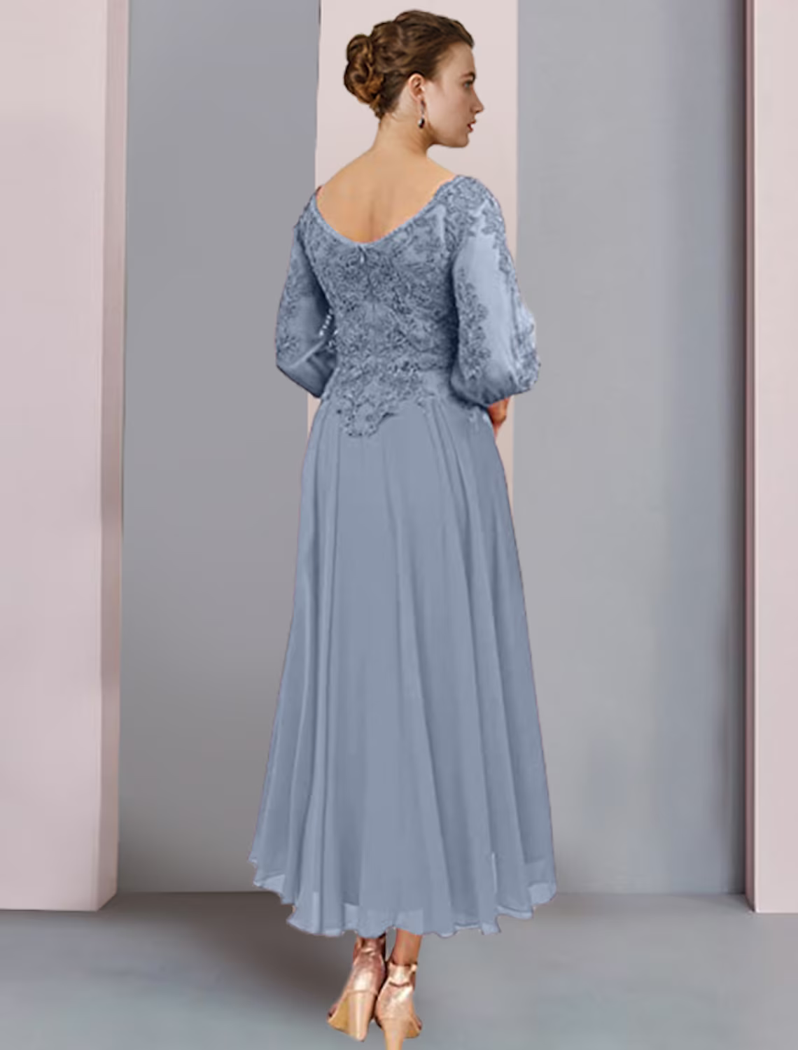 Two Piece A-Line Mother of the Bride Dress Formal Wedding Guest Elegant V Neck Chiffon Lace Sleeve Wrap Included with Pleats Appliques