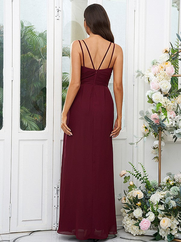 A-Line/Princess Chiffon Ruched V-neck Sleeveless Floor-Length Bridesmaid Dresses
