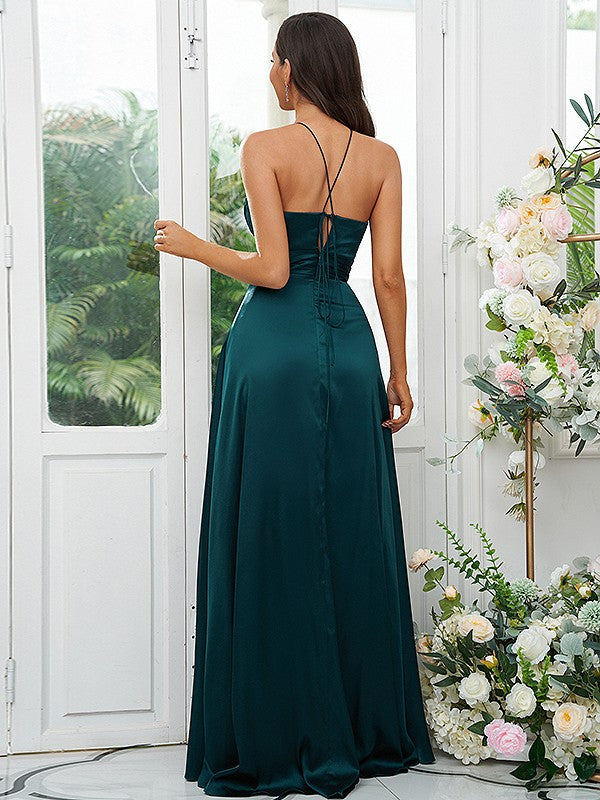 A-Line/Princess Woven Satin Ruched V-neck Sleeveless Floor-Length Bridesmaid Dresses