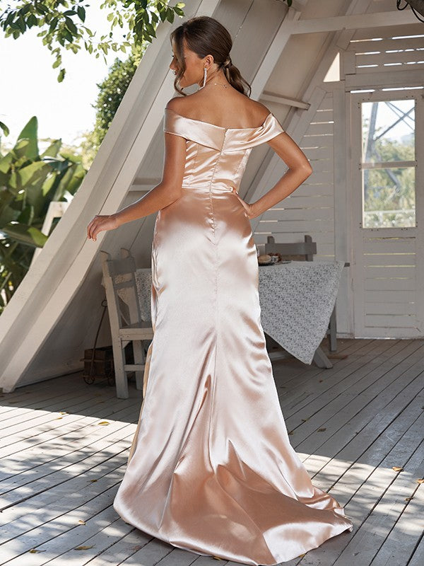 Sheath/Column Woven Satin Ruched Off-The-Shoulder Sleeveless Sweep/Brush Train Bridesmaid Dresses