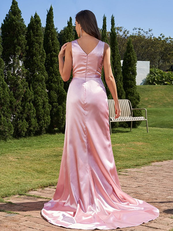 A-Line/Princess Woven Satin Ruched V-neck Sleeveless Sweep/Brush Train Bridesmaid Dresses
