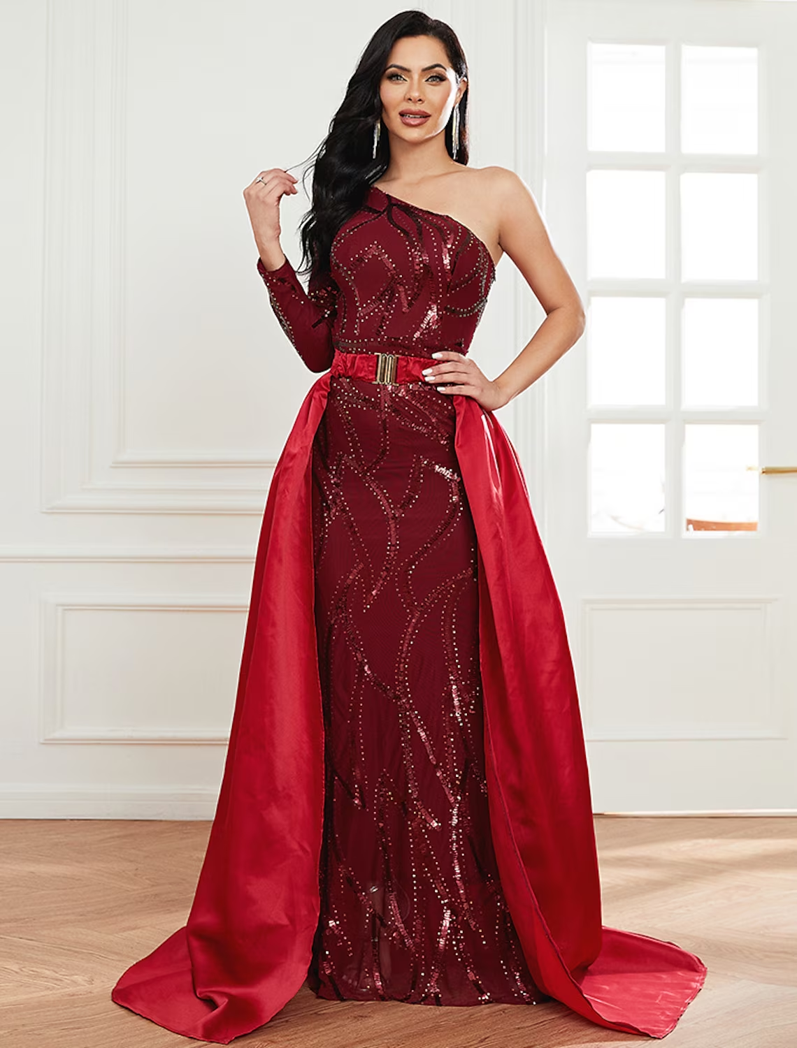 Evening Gown Sexy Dress Formal Court Train Long Sleeve One Shoulder Polyester with Sequin