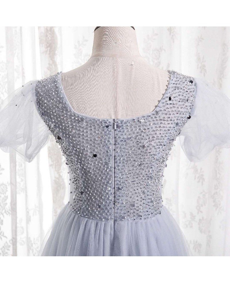 Charming silver beaded sequin square neck sleeve ball dress, silver A-line short sleeved backless and floor length evening dress