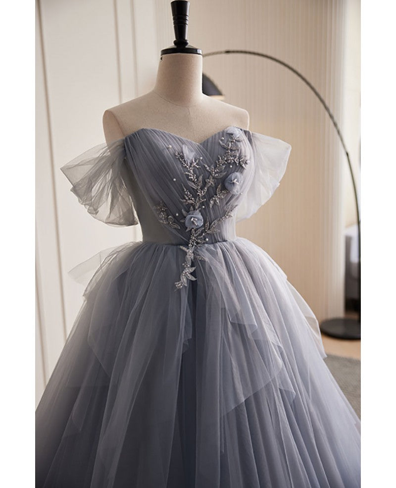 Unique/Beautiful Silver Gray Beaded Pearl Sequin Sticker Pleated Off Shoulder Sleeveless Ball Dress Silver Gray A-shaped Off Back and Floor Length Sweeping Tail Evening Dress