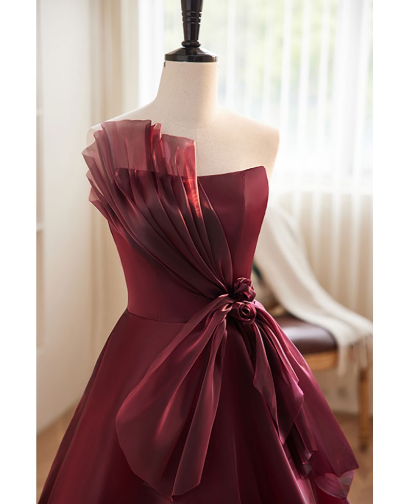 Charming wine red strapless and sleeveless bow ball dress, wine red A-line/princess backless and ground length evening dress