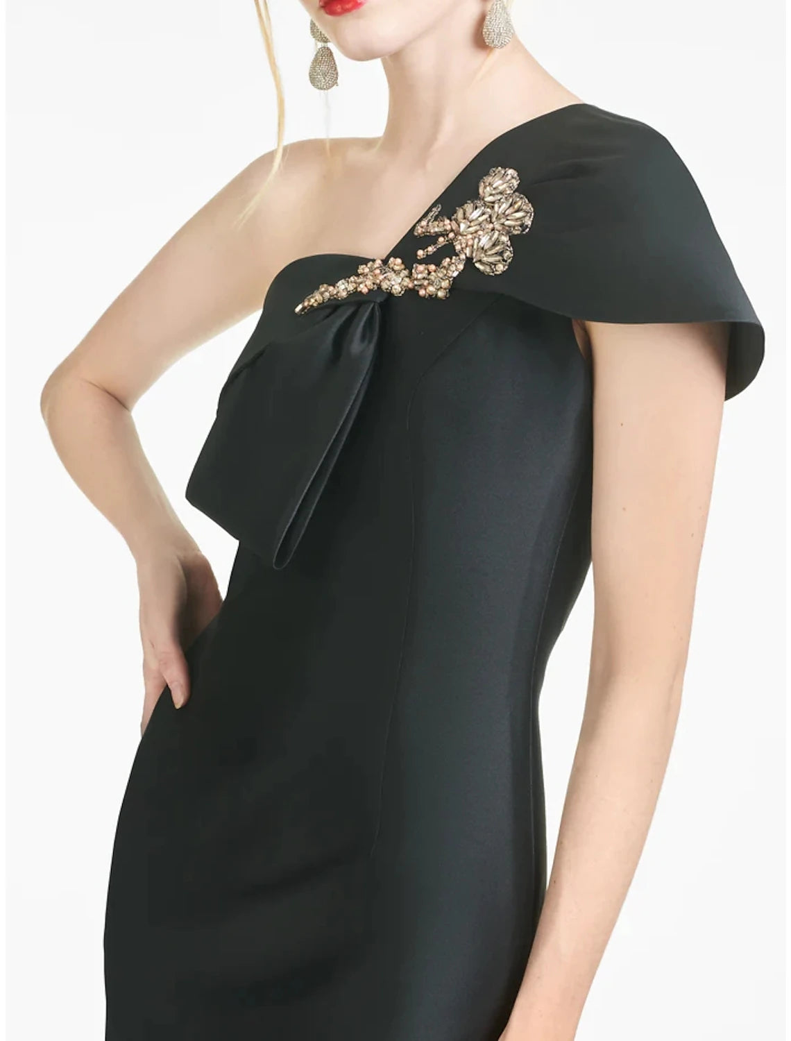 Metallic Satin One-Shoulder Mermaid Evening Gown with Beaded Bow Accent