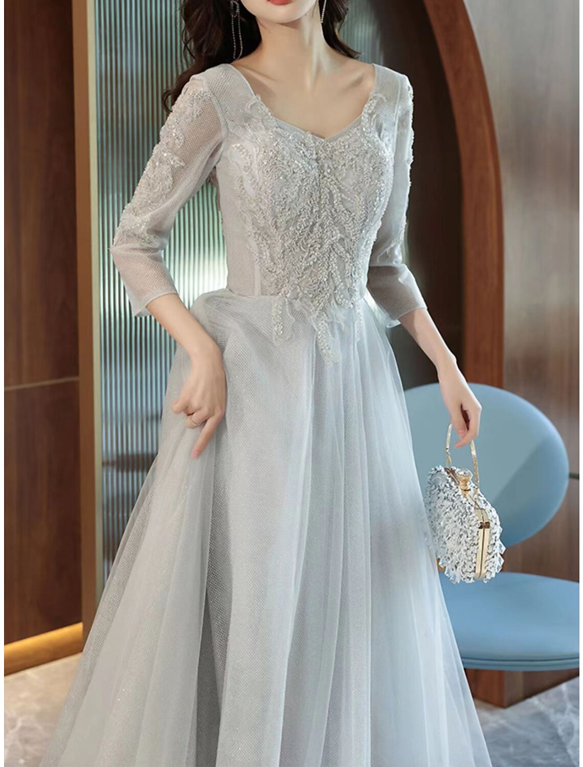 A-Line Evening Gown Glittering Dress Black Tie Gala Floor Length 3/4 Length Sleeve V Neck Tulle with Beading Appliques