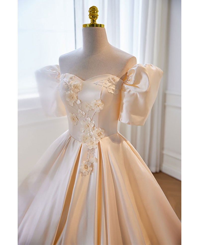 Elegant Champagne Sticker Pearl Off Shoulder Short Sleeve Ball Dress Champagne Satin Ball Dress Off Back and Groundlength Evening Dress