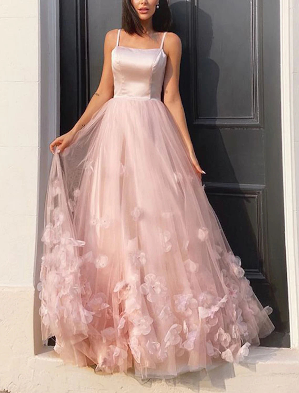 A-Line Prom Dresses Elegant Dress Wedding Guest Engagement Floor Length Sleeveless Spaghetti Strap Tulle with Appliques