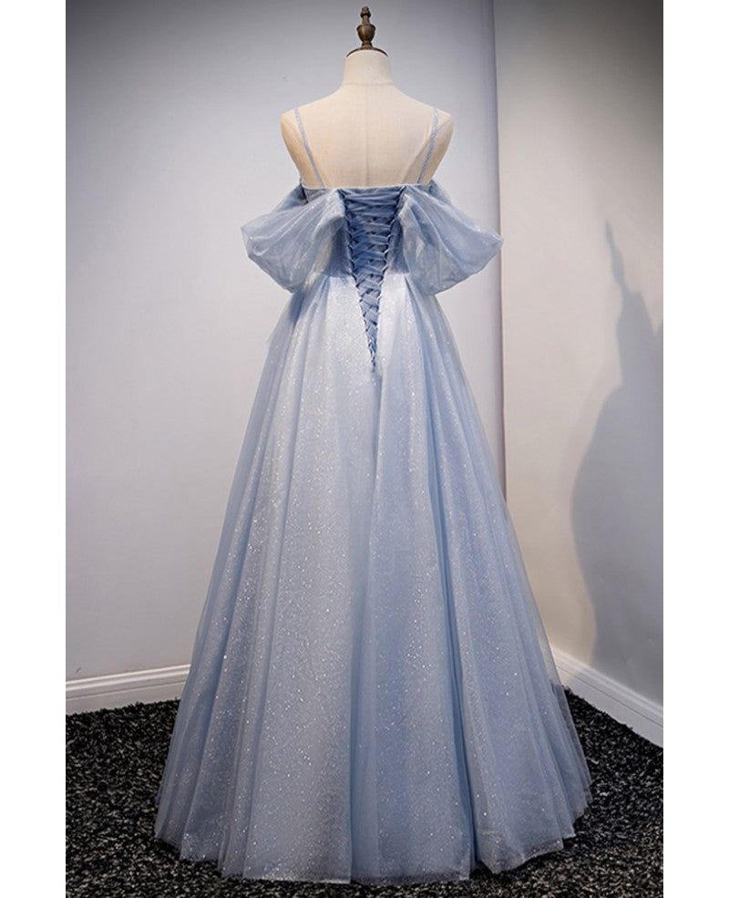 Charming and sweet sky blue beaded thin shoulder strap off the shoulder ball dress sky blue A-shaped sleeveless backless strap and ground length evening dress