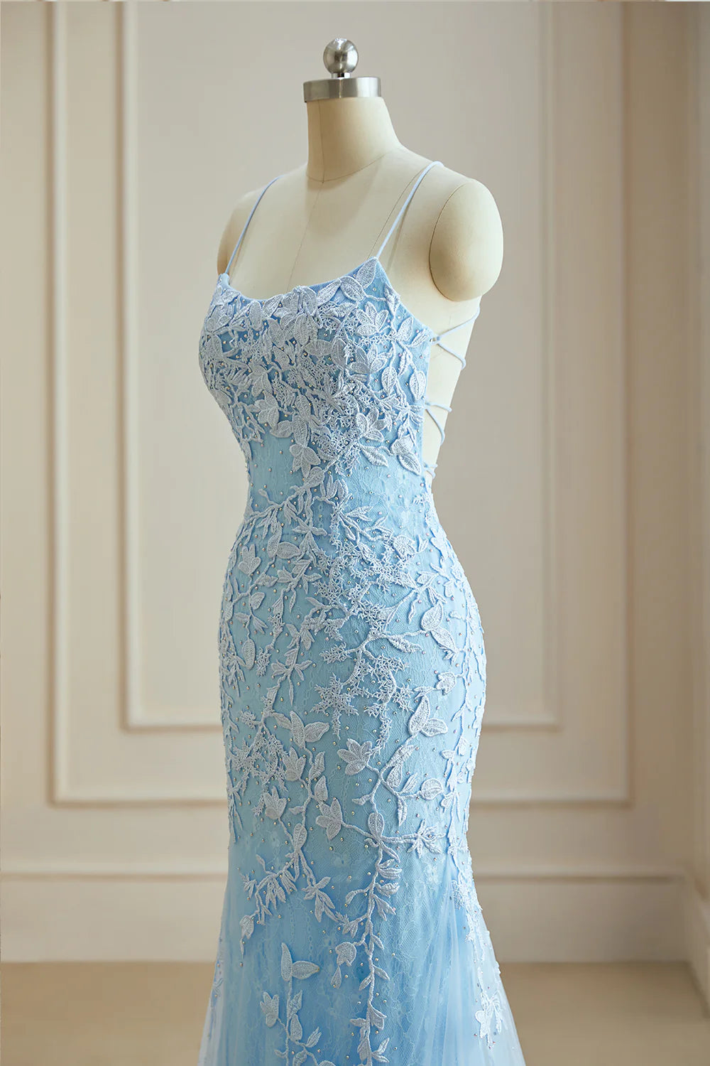 Elegant Spaghetti Straps Sky Blue Mermaid Backless Pageant Prom Dresses