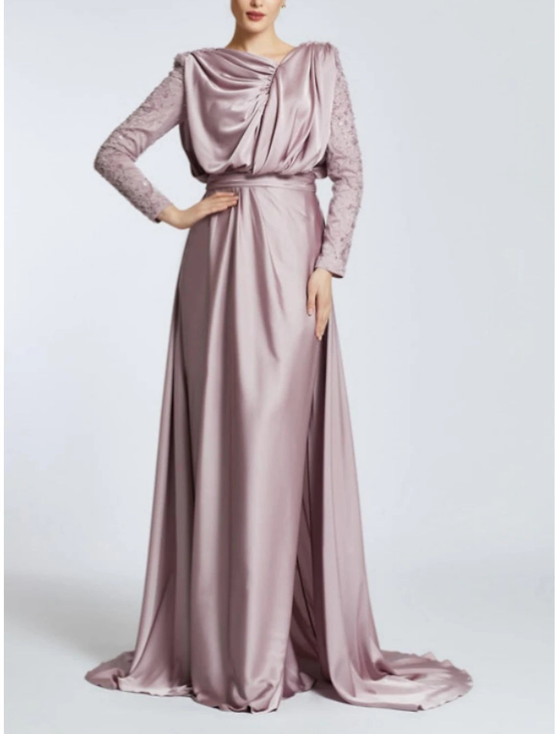 A-Line Evening Gown Black Dress Plus Size Elegant Dress Formal Sweep / Brush Train Long Sleeve Jewel Neck Satin with Pleats Sequin