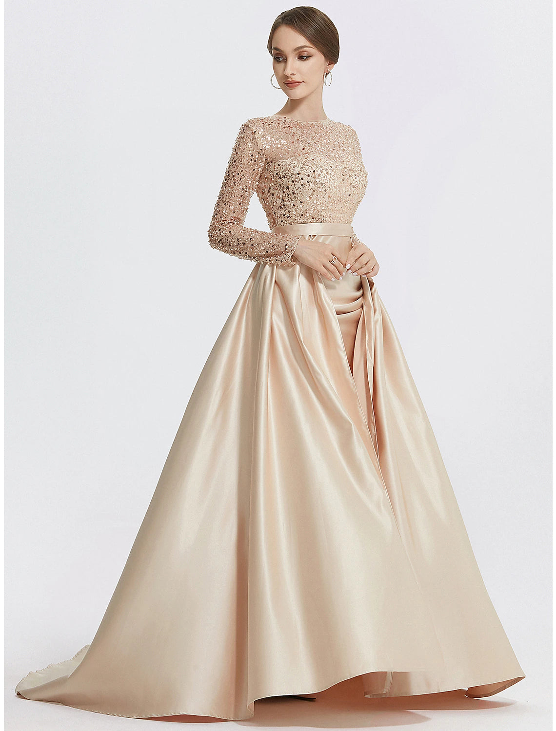 Mermaid / Trumpet Elegant Formal Evening Dress Jewel Neck Short Sleeve Sweep / Brush Train Lace with Ruched Ruffles Appliques