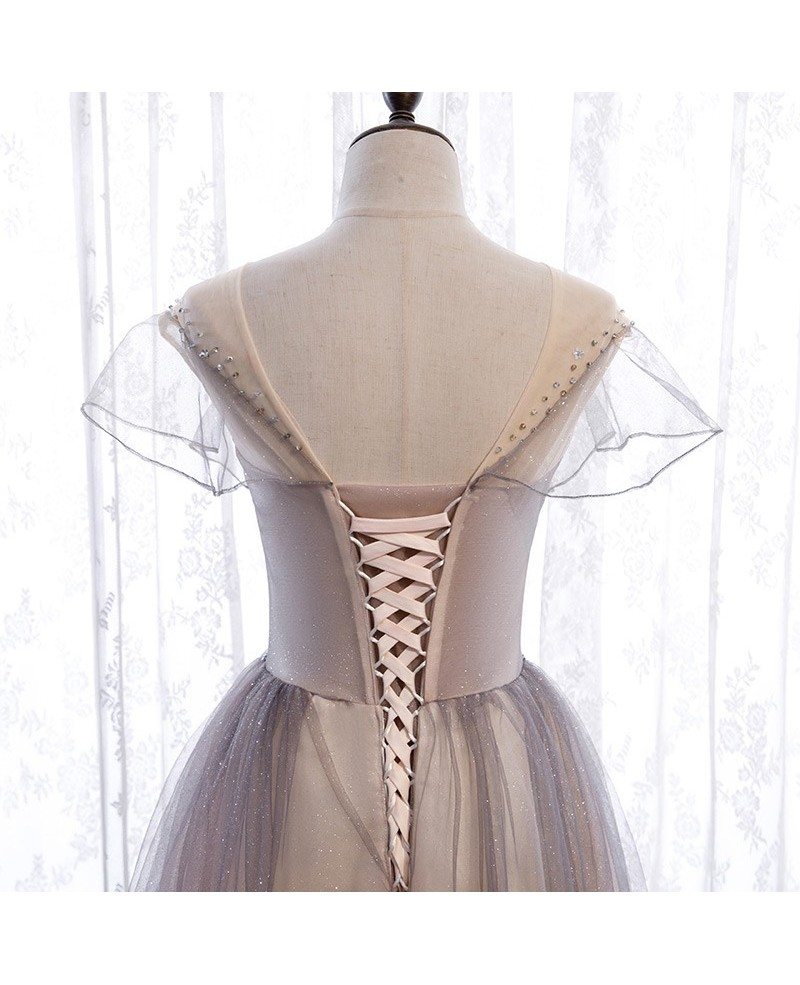 Beautiful Gradient Purple Champagne Perspective Short sleeved Beaded Ball Dress Gradient Princess Neck Sequin sheer ruffle edge backless and ground length evening dress