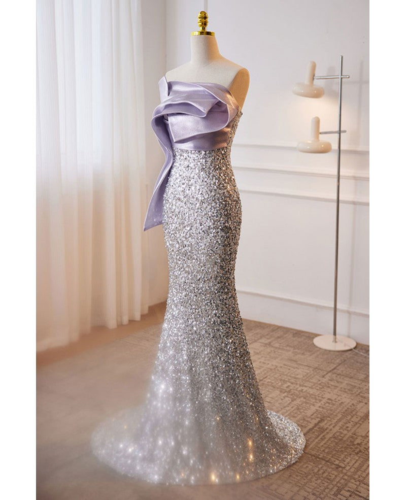 Sparkling lavender sequin strapless and sleeveless ball dress lavender mermaid backless sweeping and trailing evening dress