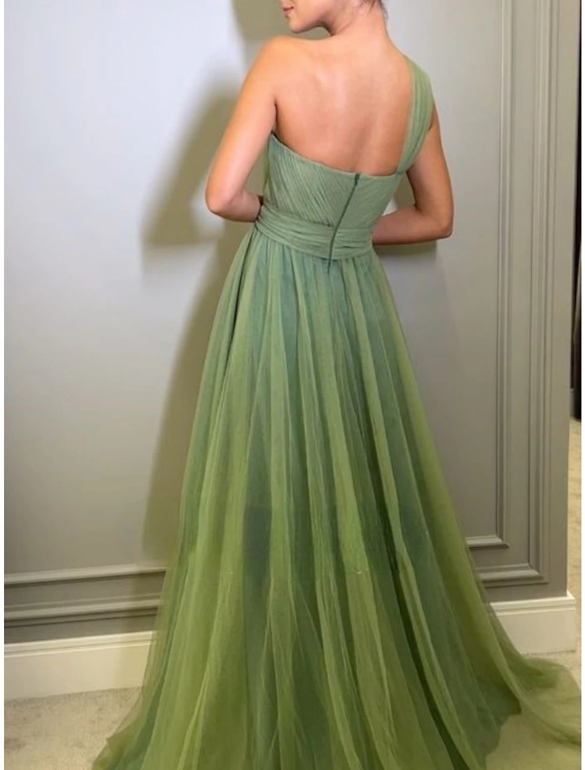 A-Line Evening Gown Elegant Dress Formal Sweep / Brush Train Christmas Red Green Dress Sleeveless One Shoulder Tulle with Pleats Ruched