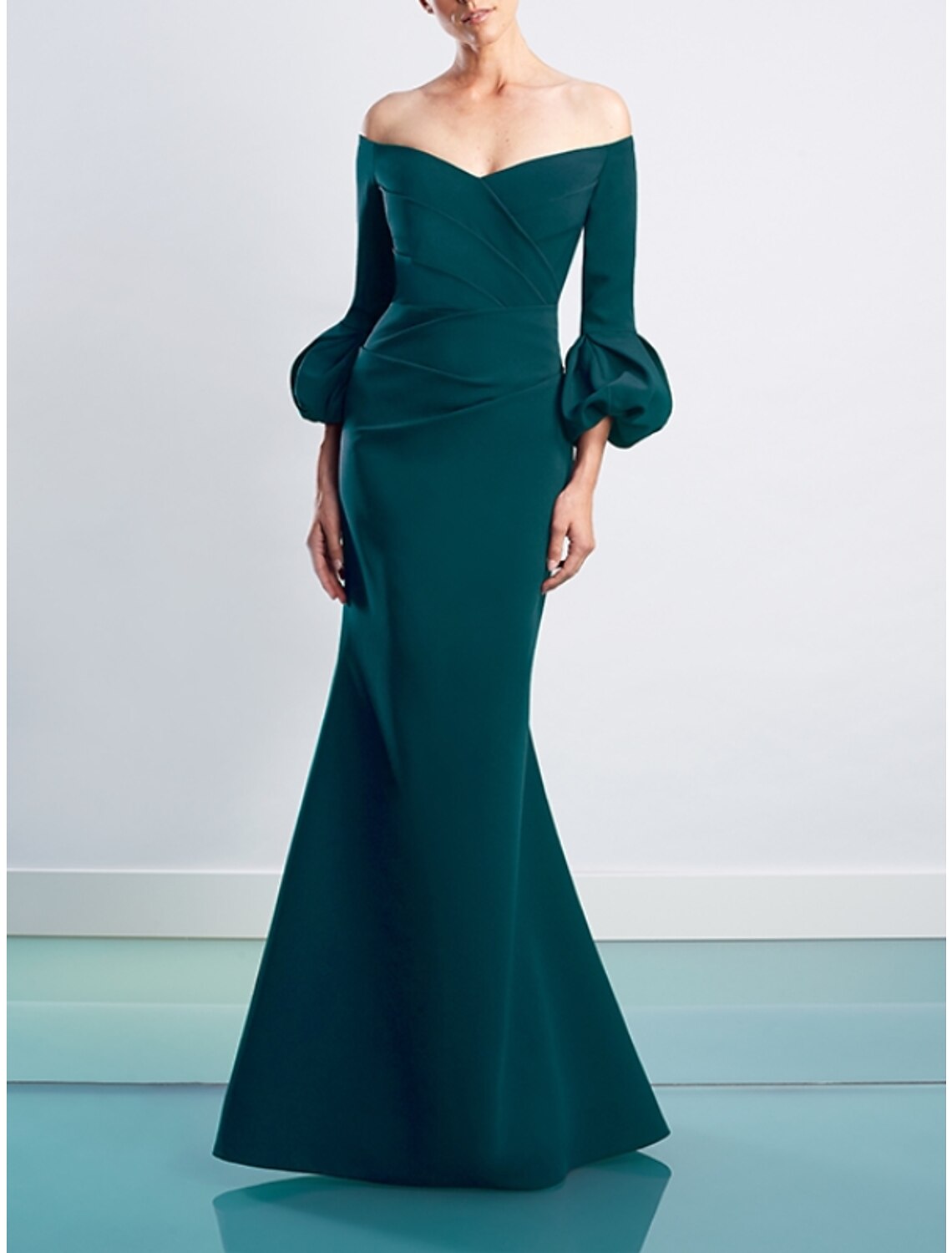 Sheath / Column Evening Gown Elegant Dress Fall Floor Length 3/4 Length Sleeve Off Shoulder Fall Wedding Reception Stretch Fabric with Ruched