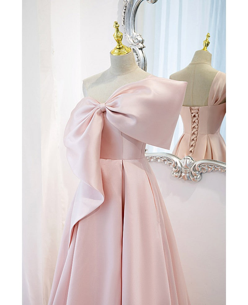 Beautiful and minimalist pink satin sleeveless off shoulder ball dress with pink satin A-line/princess strapless butterfly tie and ground length evening dress