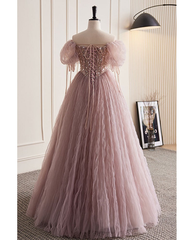Charming dark pink glittering beaded sequins off the shoulder short sleeved ball dress, dark pink A-line/princess backless and ground length evening dress