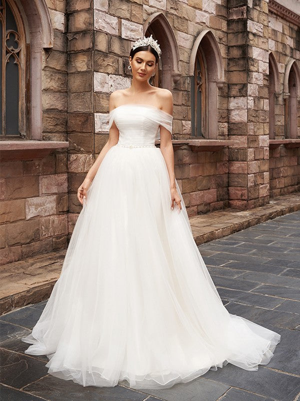 A-Line/Princess Tulle Sleeveless Off-the-Shoulder Ruched Sweep/Brush T – LD  Dress