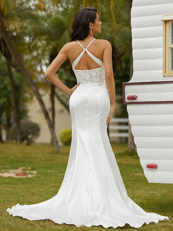 Sheath/Column Woven Satin Ruched Spaghetti Straps Sleeveless Court Train Wedding Dresses