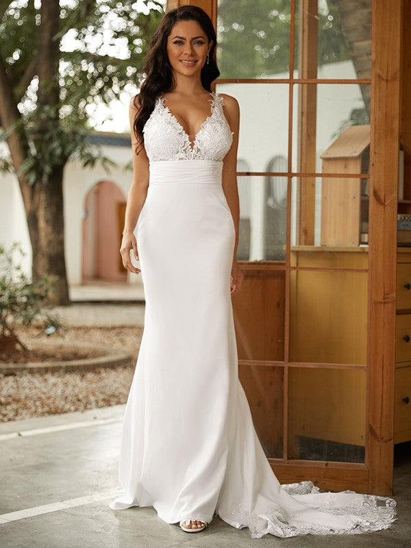 Sheath/Column Stretch Crepe Lace V-neck Sleeveless Sweep/Brush Train Wedding Dresses