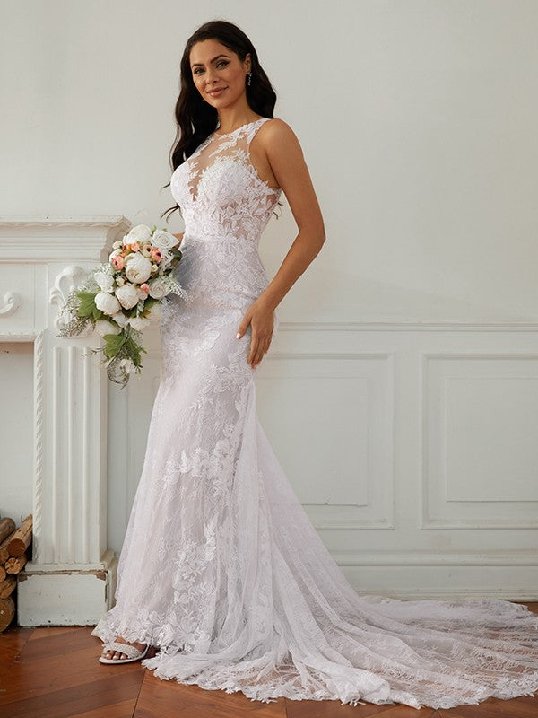 Column Lace Scoop Sleeveless Court Train Wedding Dresses