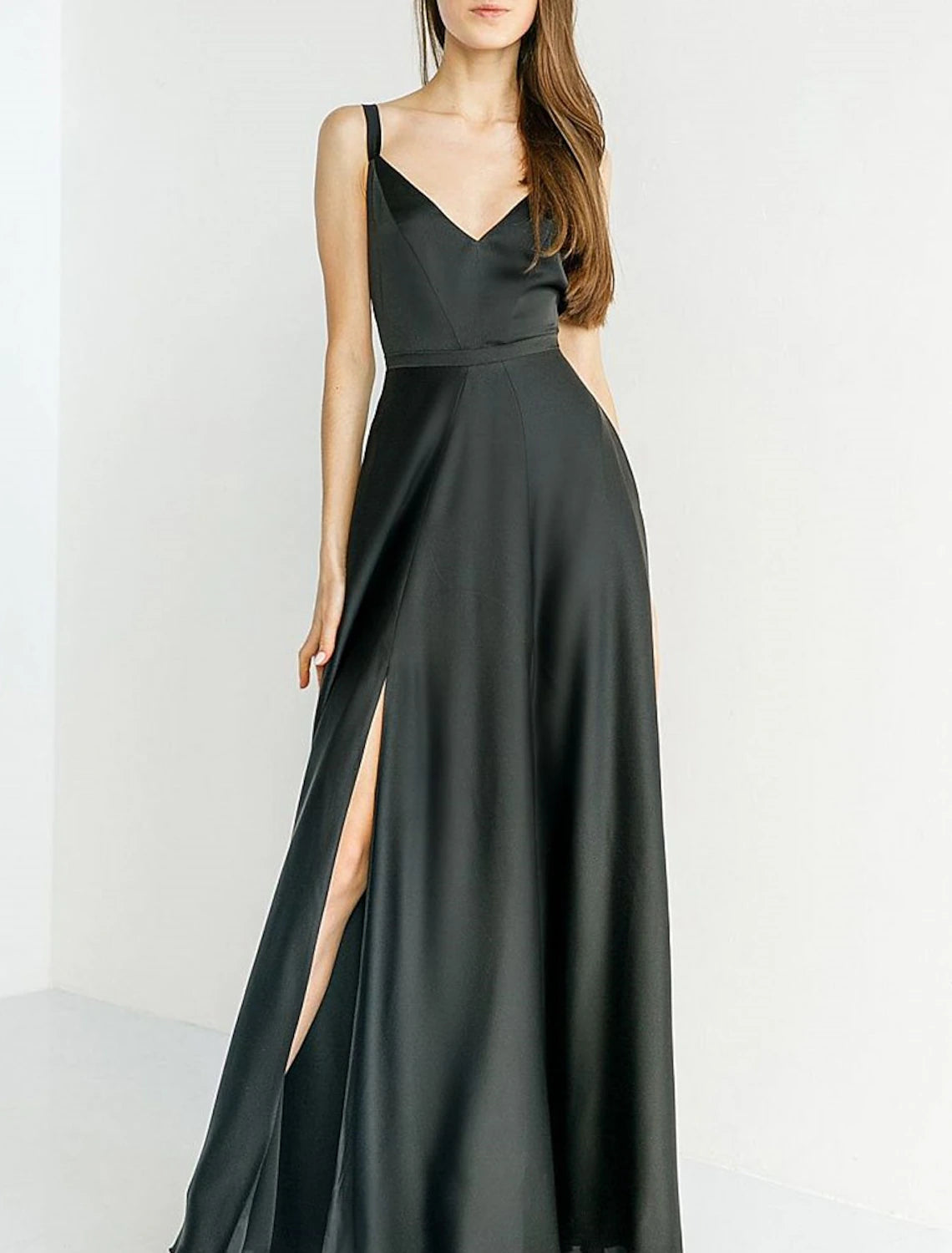 A-Line Bridesmaid Dress Spaghetti Strap Sleeveless Open Back Floor Length Stretch Satin with Split Front / Solid Color