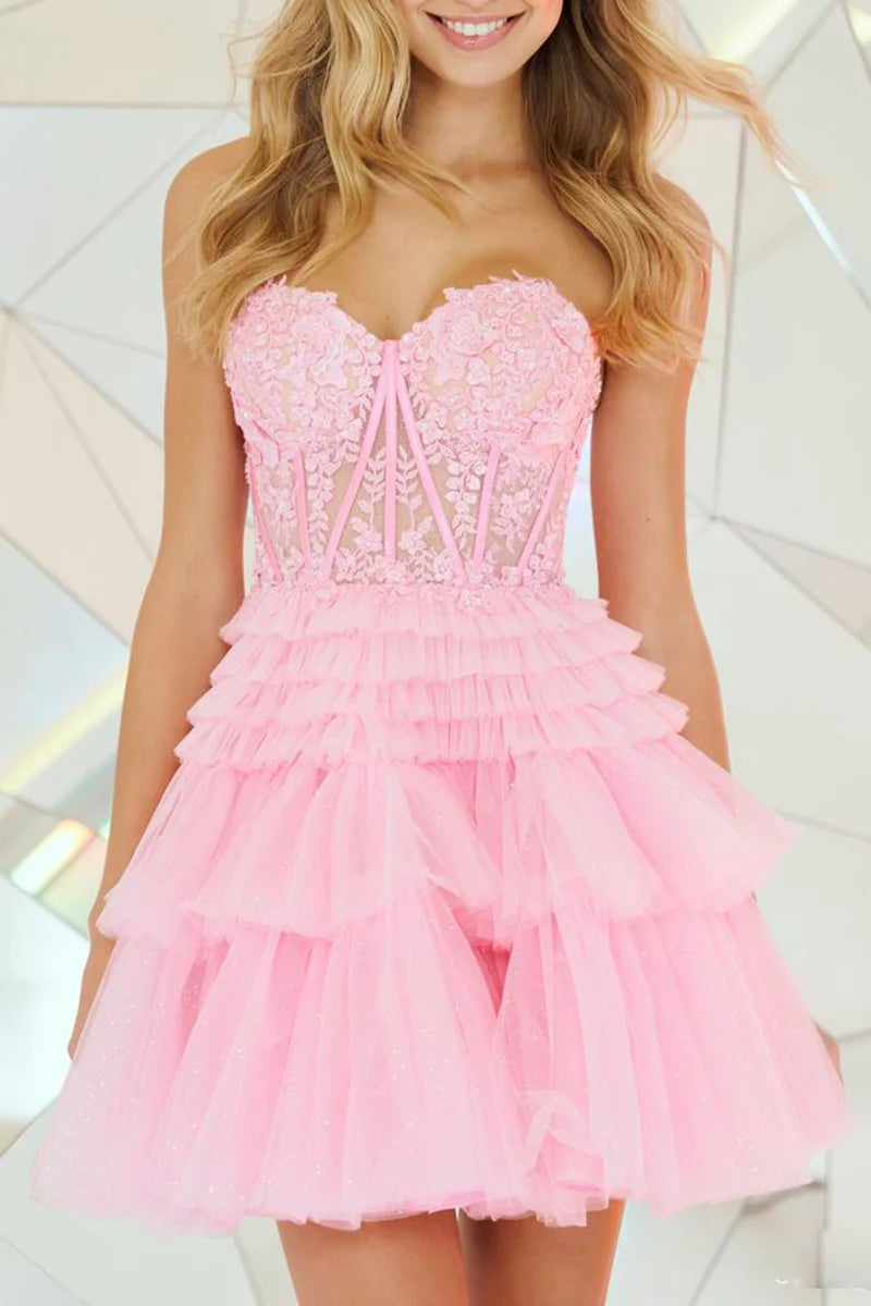 A line Sweetheart Layered Lace Applique Pink Short Homecoming Dress LD Dress A line Sweetheart Layered Lace Applique Pink Short Homecoming Dress LD Dress