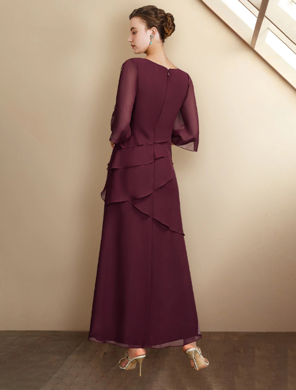 A-Line Mother of the Bride Dress Plus Size Elegant Jewel Neck Ankle Length Chiffon Half Sleeve with Ruffles Side-Draped