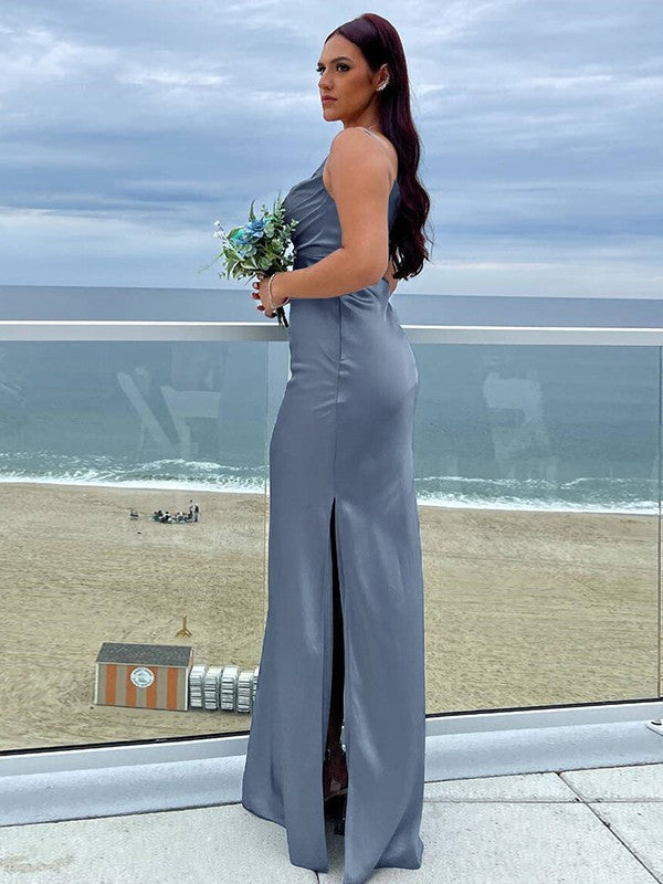 Sheath/Column NS Woven Satin Ruched Spaghetti Straps Sleeveless Floor-Length Bridesmaid Dresses