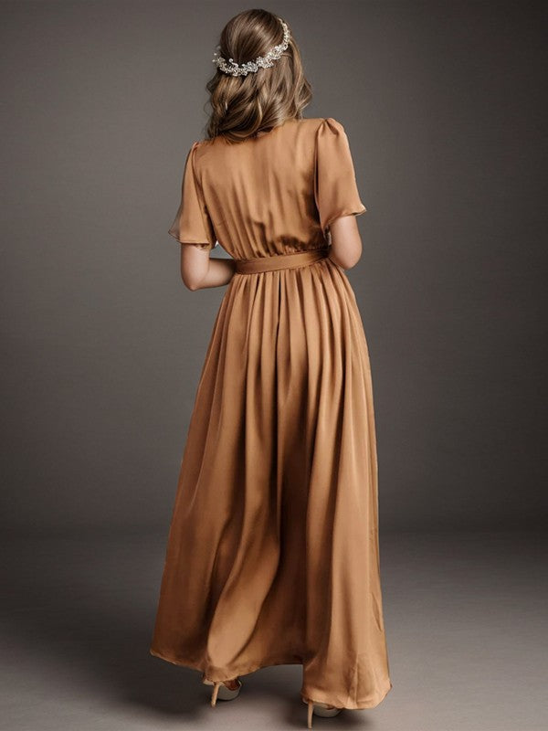 A-shaped princess silk V-neck short sleeved and ground length bridesmaid dress