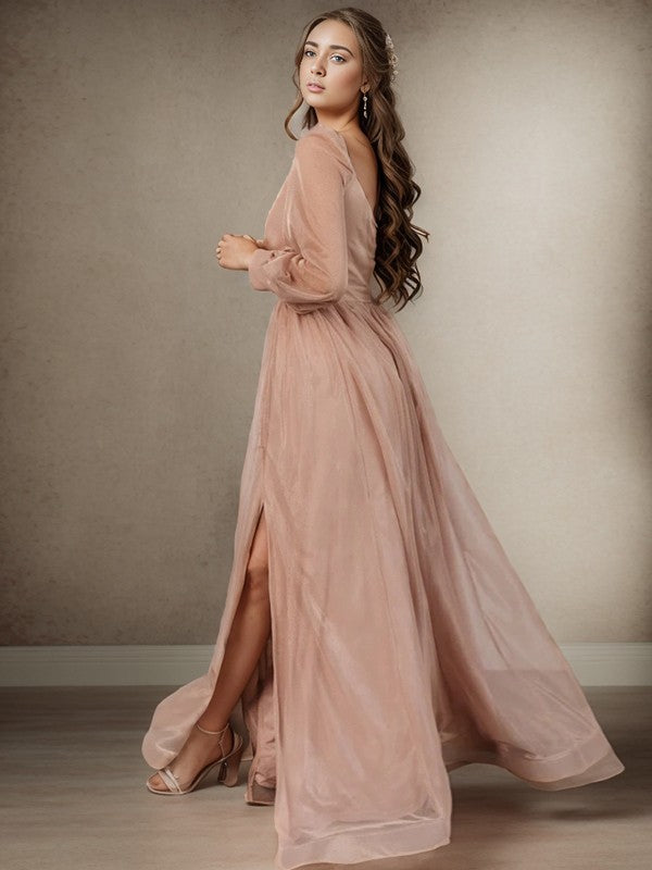 A-shaped princess pleated V-neck long sleeved and floor length bridesmaid dress
