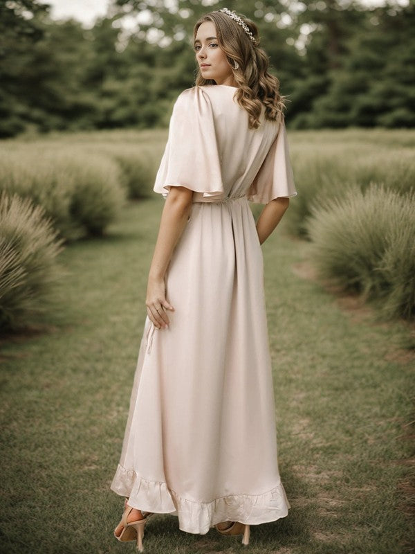 A-line/Princess Silk Like Satin Ruffles V-neck Short Sleeves Asymmetrical Bridesmaid Dresses