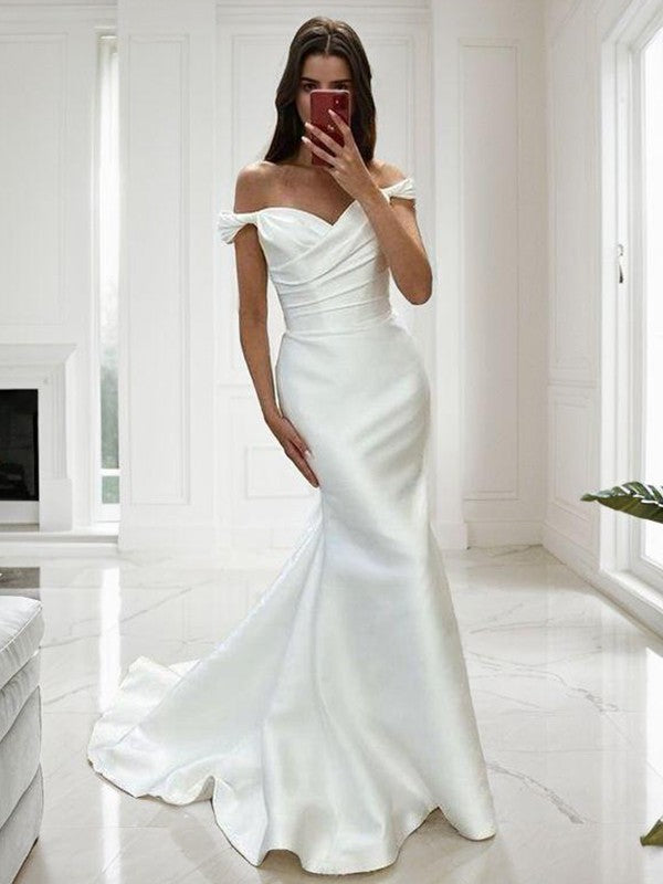 Tight off shoulder pleated palace tailcoat satin wedding dress – LD Dress