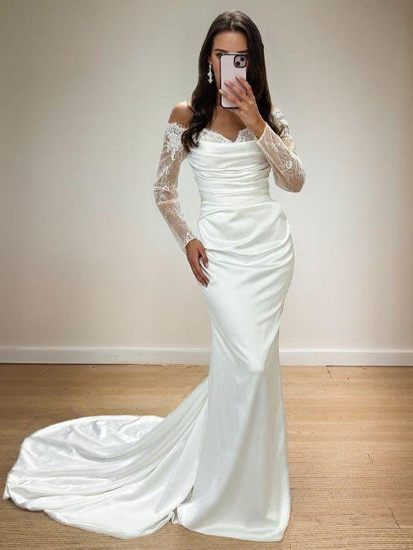 Tight Off Shoulder Long Sleeve Applique Lace Court Trail Woven Satin Wedding Dress
