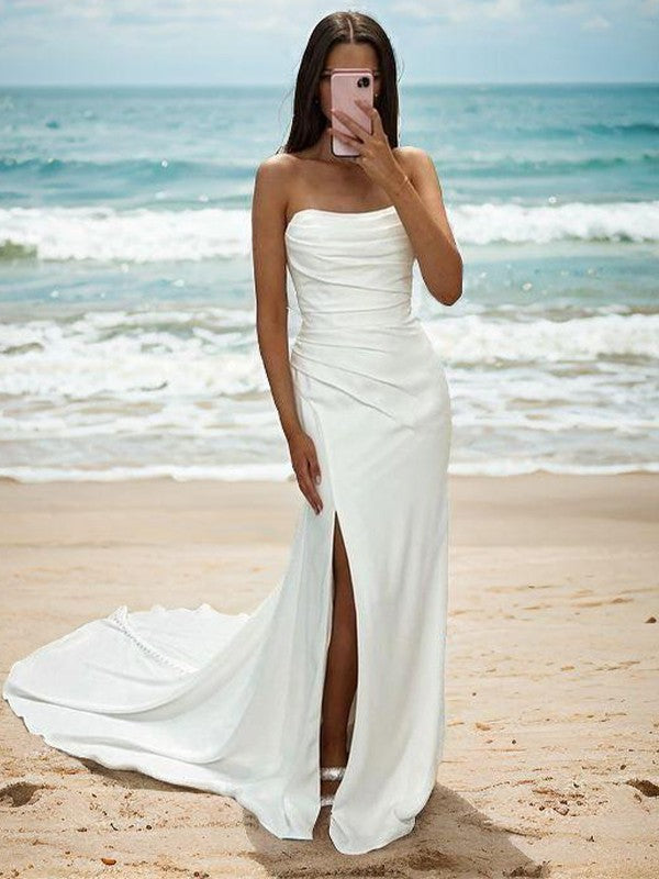 Tight straight pleated church drag woven satin wedding dress
