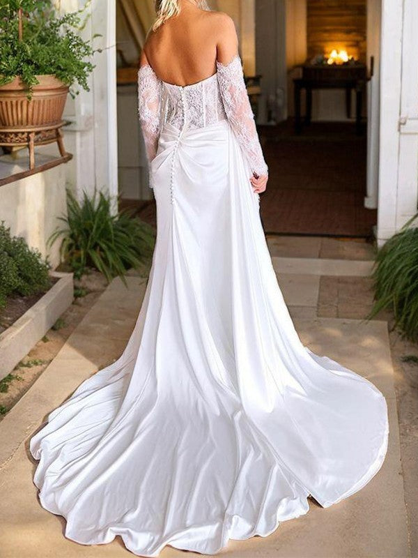 Tight Sweetheart Long Sleeve Applique Lace Woven Satin Tight Bra and Floor Length Wedding Dress