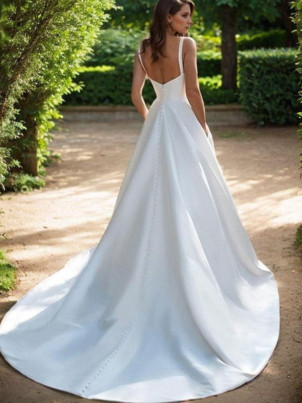 A-line shoulder strap palace train satin tight fitting corset and ground length wedding dress