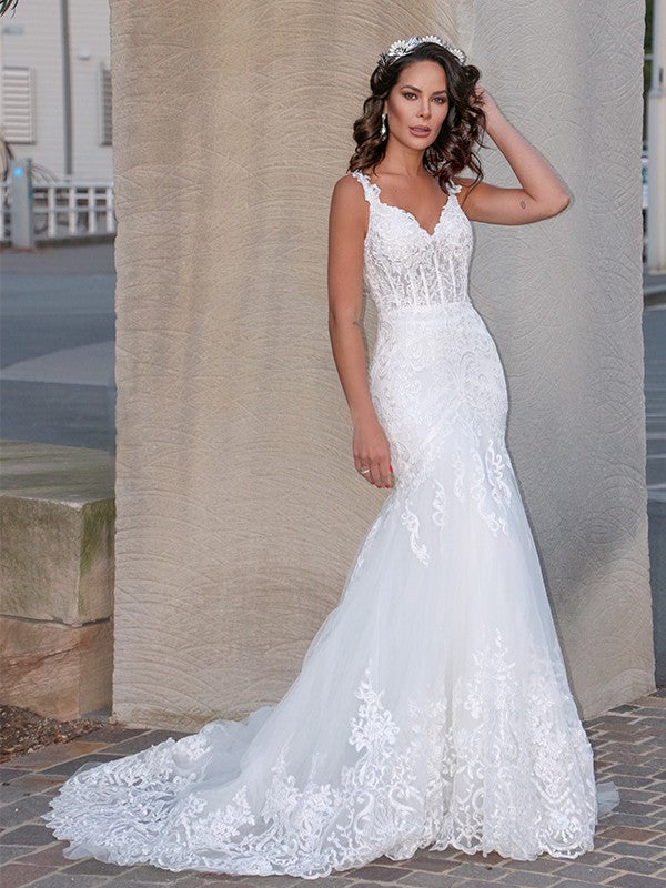 Trumpet/Mermaid Tulle V-neck Sleeveless Applique Sweep/Brush Train Wed – LD  Dress
