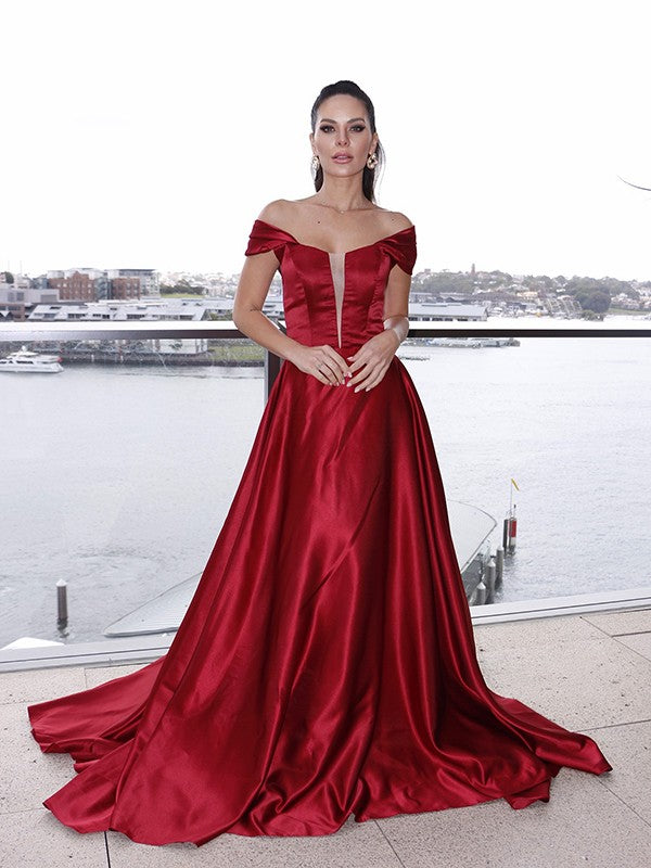 A-Line/Princess Satin Off-the-Shoulder Ruffles Sleeveless Sweep/Brush Train Dresses