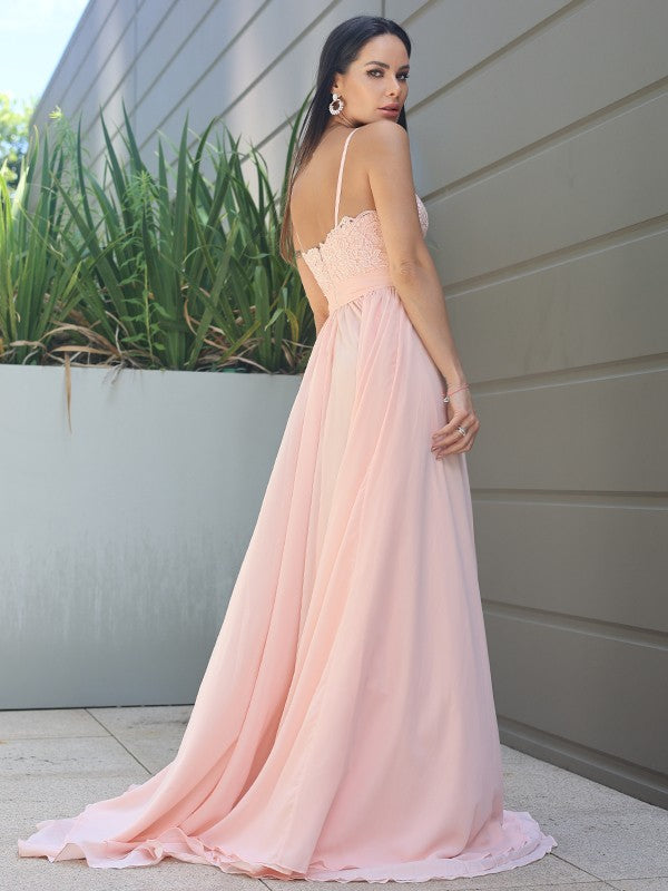 A-Line/Princess Chiffon Lace Spaghetti Straps Sleeveless Sweep/Brush Train Bridesmaid Dresses
