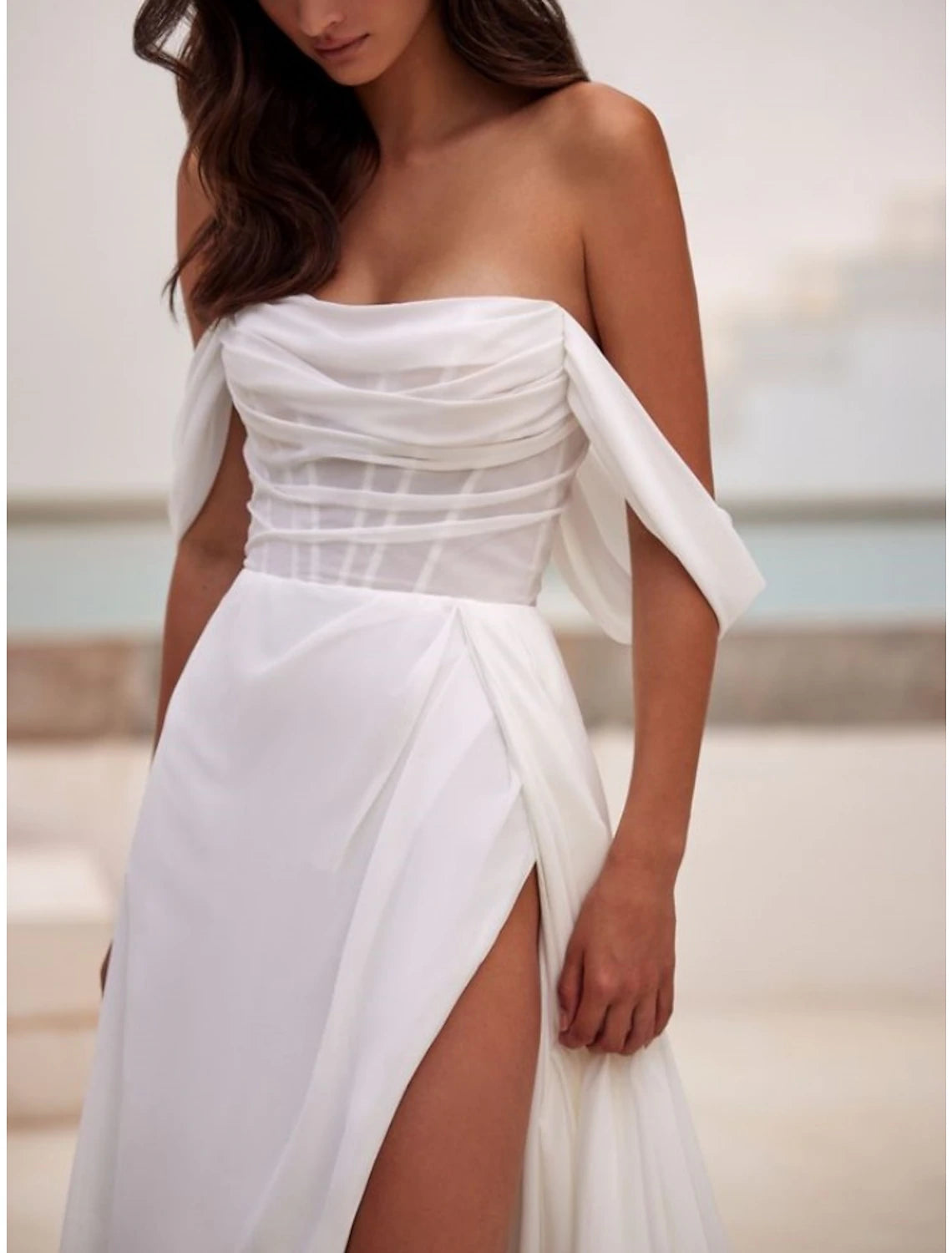 Hall Formal Wedding Dresses Sheath / Column Off Shoulder Short Sleeve Court Train Organza Bridal Gowns With Pleats Ruched