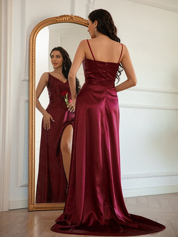 A-Line/Princess Silk like Satin Ruched V-neck Sleeveless Sweep/Brush Train Dresses